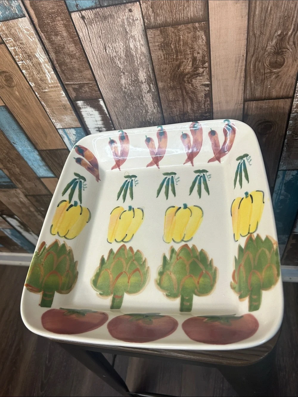 Hand painted Ceramic Serveware Platter in Green, Yellow and Red